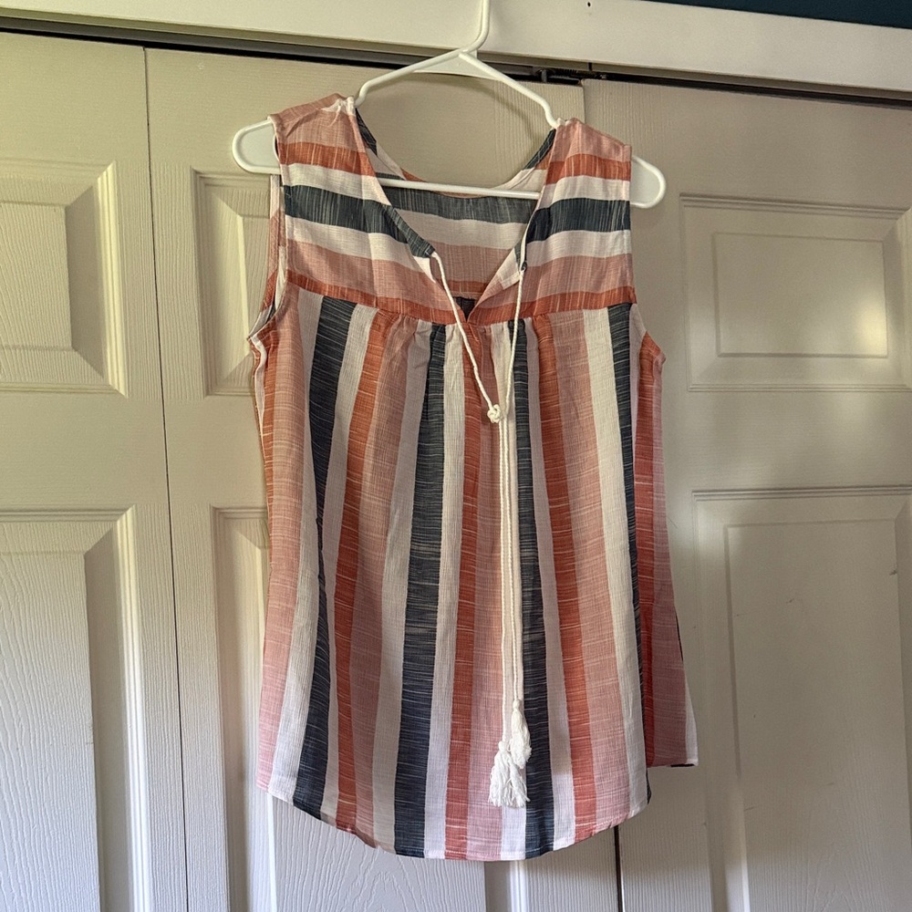 Sleeveless Striped V-Neck Tie-Front Top - Rust, Navy & White- never worn